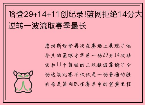 哈登29+14+11创纪录!篮网拒绝14分大逆转一波流取赛季最长