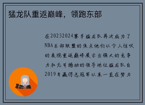 猛龙队重返巅峰，领跑东部