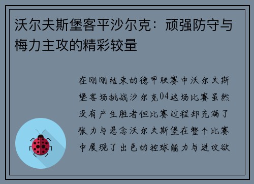 沃尔夫斯堡客平沙尔克：顽强防守与梅力主攻的精彩较量
