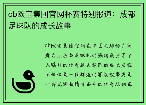 ob欧宝集团官网杯赛特别报道：成都足球队的成长故事